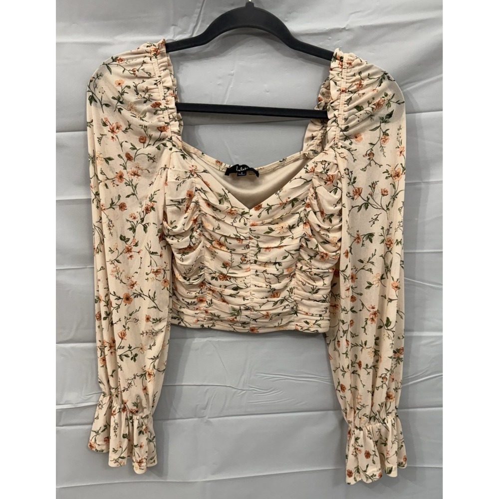 NWT Lulus Crop Top Long Sleeve Ruched Pink‎ Floral Sheer Womans Size Small